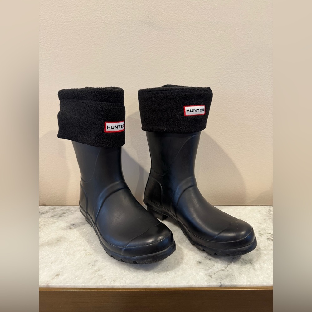 Hunter Black Mid-Calf Rain Boots with Fleece Cuffs included